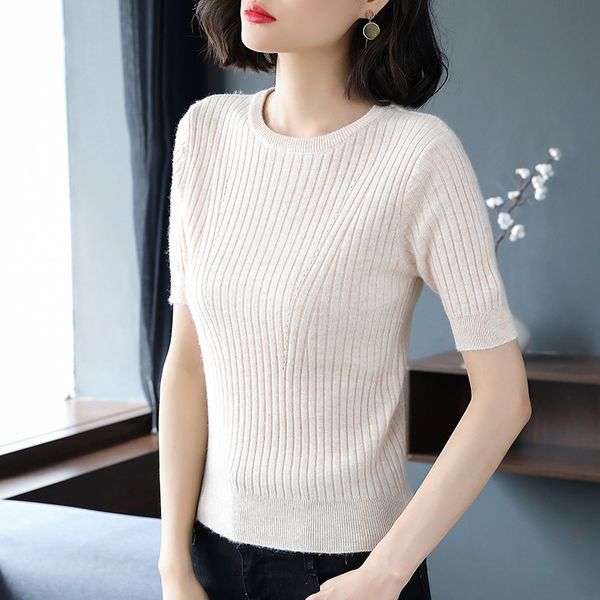 women's t-shirt summer round neck pullover solid color short-sleeved sweater female slim half-sleeved knit bottoming shirt thin top, White
women's t-shirt summer round neck pullover solid color short-sleeved sweater female slim half-sleeved knit bottoming shirt thin top, White