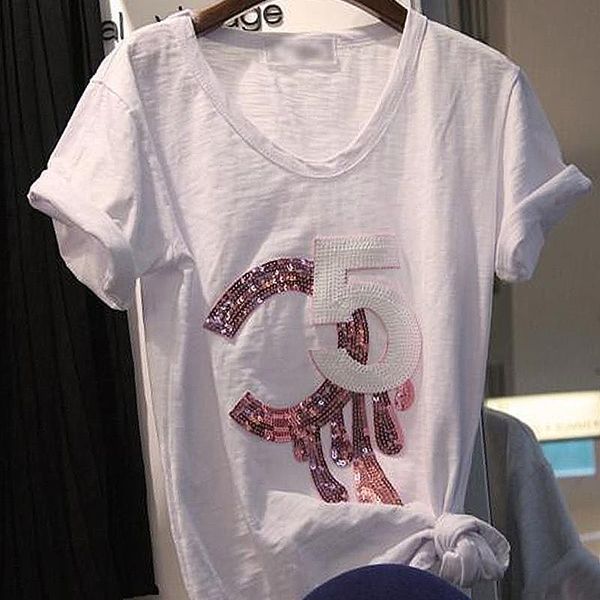 2019 женщины top white t shirt письмо повседневный с коротким рукавом sequined t-shirt мода tee femme lady одежда
2019 женщины top white t shirt письмо повседневный с коротким рукавом sequined t-shirt мода tee femme lady одежда