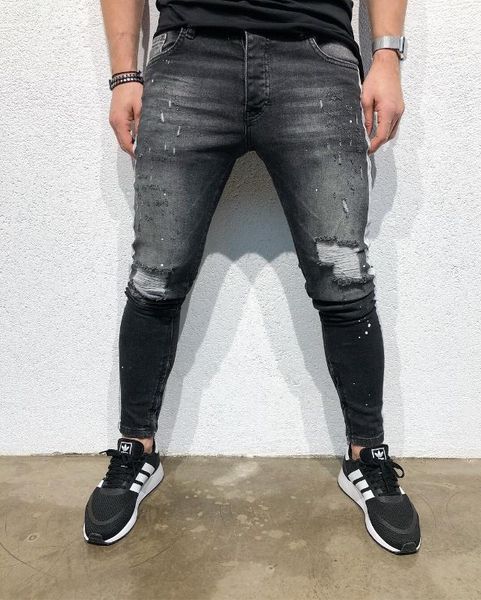 black distressed slim fit jeans long skinny street trousers mens 19ss designer jean pants ripped, Blue 
black distressed slim fit jeans long skinny street trousers mens 19ss designer jean pants ripped, Blue