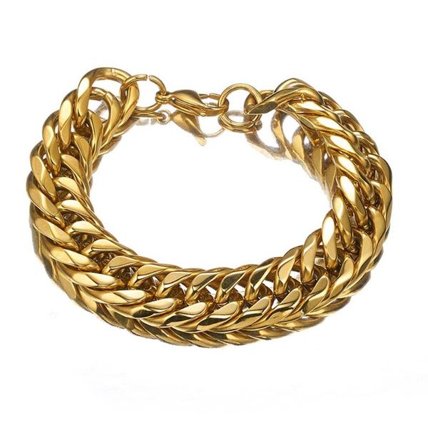 16mm gold color double curb cuban link chain for men biker bracelet jewelry 7-11 inches stainless steel fashion bangle, Black 
16mm gold color double curb cuban link chain for men biker bracelet jewelry 7-11 inches stainless steel fashion bangle, Black