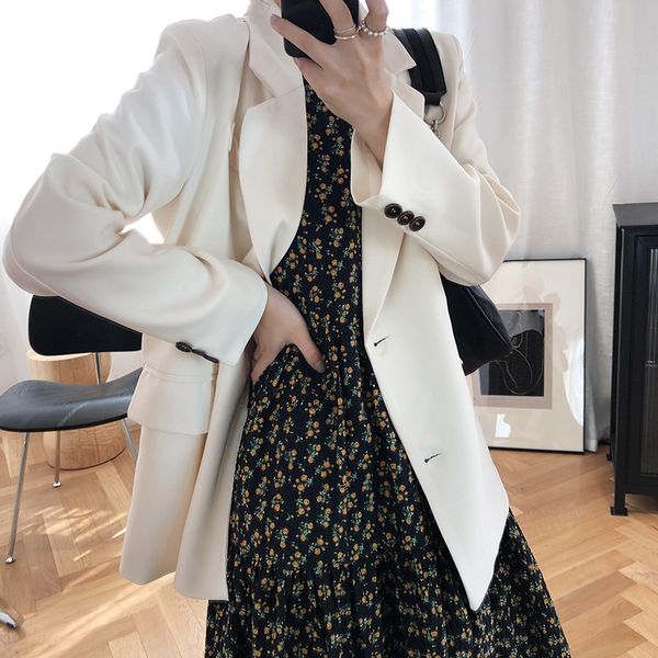 white blazer coat long sleeve vintage single breasted outerwear flap pockets chic notched, White;black
white blazer coat long sleeve vintage single breasted outerwear flap pockets chic notched, White;black