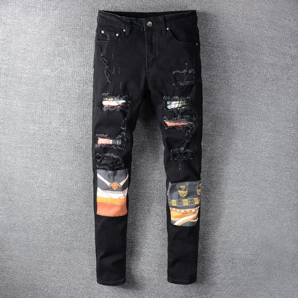 men's jeans american streetwear fashion men black color elastic slim fit ripped patchwork designer hip hop pants, Blue
men's jeans american streetwear fashion men black color elastic slim fit ripped patchwork designer hip hop pants, Blue