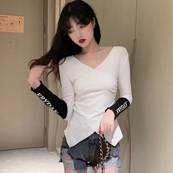 blackday fashion letter stitching slim t-shirt v-neck long-sleeved women irregular tee shirts casual new, White
blackday fashion letter stitching slim t-shirt v-neck long-sleeved women irregular tee shirts casual new, White