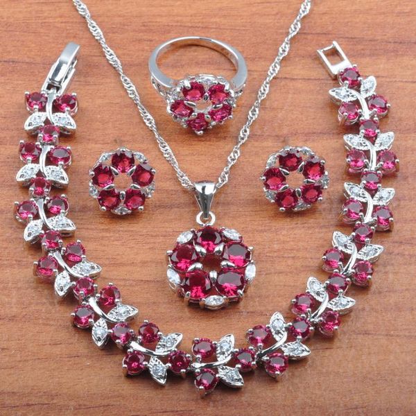 russian style rose red cubic zirconia dubai jewelry sets for women earrings necklaces pendant rings bracelets js0383, Silver
russian style rose red cubic zirconia dubai jewelry sets for women earrings necklaces pendant rings bracelets js0383, Silver