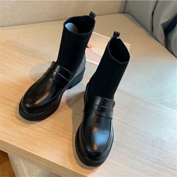 stitching socks boots woolen mouth short boots round toe leather shoes thick heel thin retro middle tube women's shoes, Black
stitching socks boots woolen mouth short boots round toe leather shoes thick heel thin retro middle tube women's shoes, Black