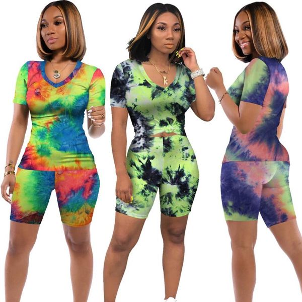 casual two piece outfits for women v neck tie dye short set, White;red