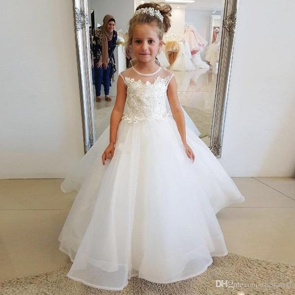 

White Spring Flower Girls Dresses For Weddings Lace Appliques Jewel Neck Sheer Bead Girls Pageant Dress tulle A Line Girls Party Gowns