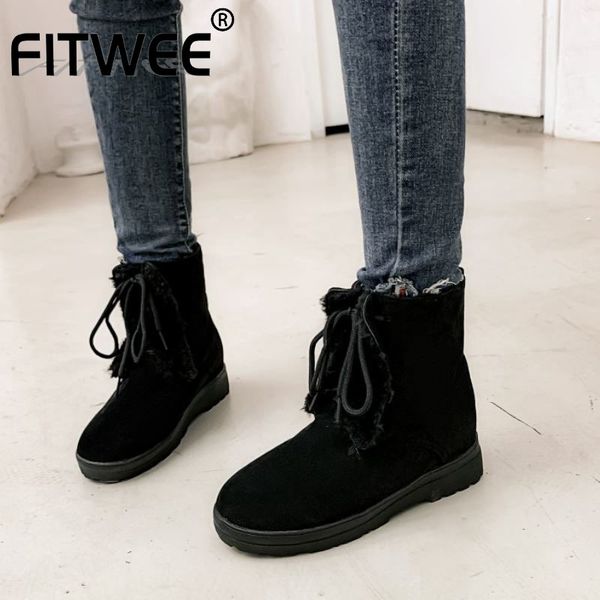 fitwee plus size 33-50 women ankle boots winter warm with plush fur snow boots lace up round toe outdoor women footwear, Black