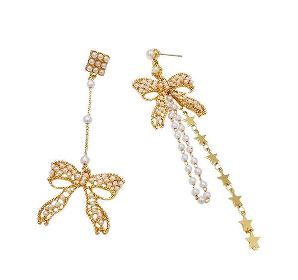 2019 new bow long tassel artificial pearl temperament earrings01, Golden;silver