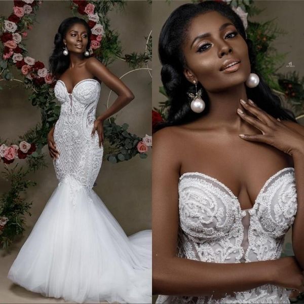 2020 new fashion mermaid wedding dresses sweetheart lace appliques sleeveless tulle sweep train open back plus size formal, White
2020 new fashion mermaid wedding dresses sweetheart lace appliques sleeveless tulle sweep train open back plus size formal, White