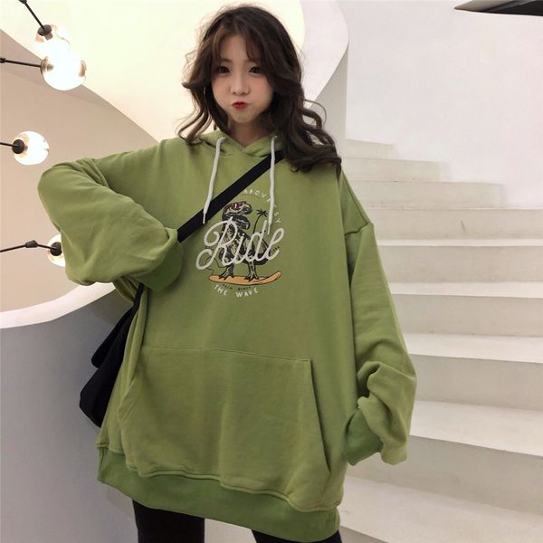 2020 new large size loose sweater mid-length cartoon dinosaur letter printed thin sweater hooded long sleeve women's hmlut, Black
2020 new large size loose sweater mid-length cartoon dinosaur letter printed thin sweater hooded long sleeve women's hmlut, Black
