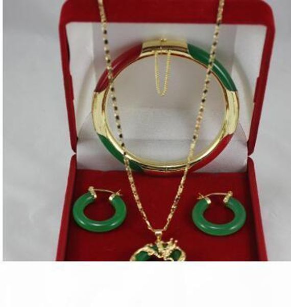 elegant 7.5" green and red jades bracelet, green jades earings and 18kgp dragon pendant fashion jewelry sets for lady, Black
elegant 7.5" green and red jades bracelet, green jades earings and 18kgp dragon pendant fashion jewelry sets for lady, Black
