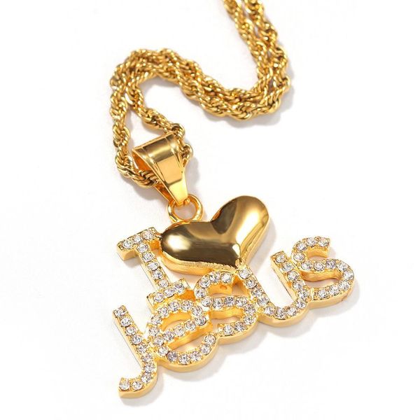 hip hop i love jesus ilovejesus bling full iced out cubic rhinestone men necklace pendant stainless steel necklace jewelry gifts