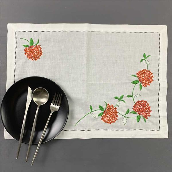 

bow ties set of 12 fashion table cloth white hemstitched linen placemats with embroidered floral for elegant lunch or dinner, Black;gray