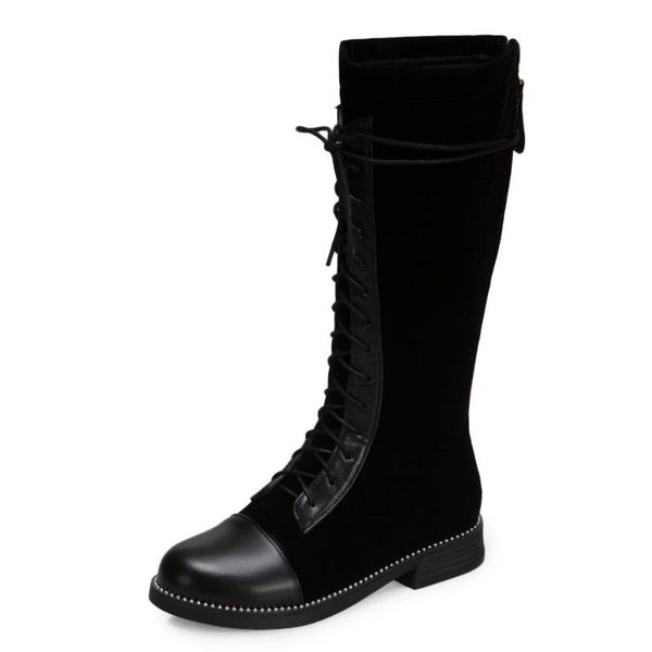 pu stitching gold velvet cross-lace short plush knee-length boots thick heel flat-bottom side zipper stitched long boots, Black
pu stitching gold velvet cross-lace short plush knee-length boots thick heel flat-bottom side zipper stitched long boots, Black