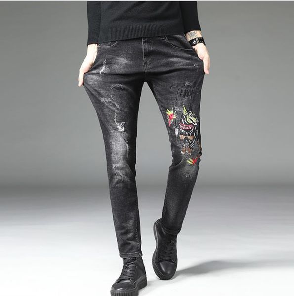 mens embroidery wolf disstressed hole skinny high stretch black denim jeans #9013, Blue
mens embroidery wolf disstressed hole skinny high stretch black denim jeans #9013, Blue