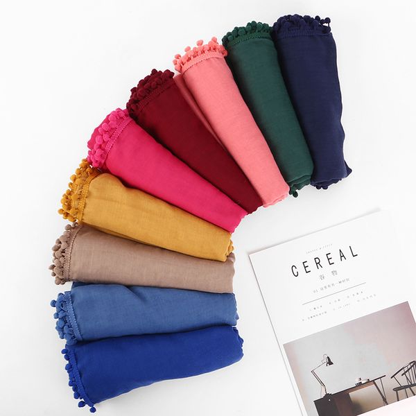 

women cotton linen scarf plain ball shawls hijab scarf pom balls muslim wrap headband scarves/scarf 180*80cm, Blue;gray