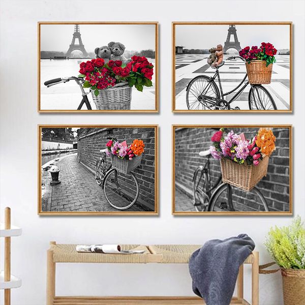 black and white tower red rose and bicycle canvas painting paris street wall art poster print decorative picture for living home
black and white tower red rose and bicycle canvas painting paris street wall art poster print decorative picture for living home