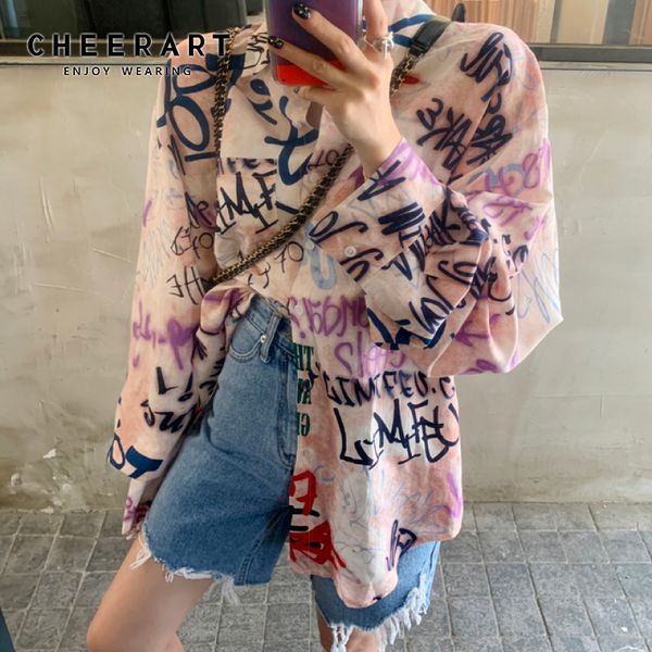 cheerart streetwear graffiti long sleeve pink blouse loose korean button down shirt for women designer top, White
cheerart streetwear graffiti long sleeve pink blouse loose korean button down shirt for women designer top, White