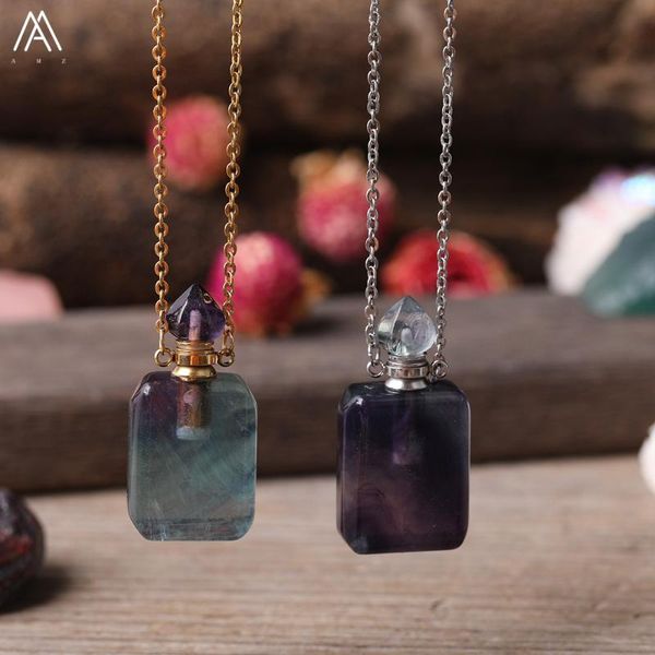 natural rainbow fluorite stone mini rectangle perfume bottles pendant necklace women gold silvery stones diffuser bottle jewelry, Silver 
natural rainbow fluorite stone mini rectangle perfume bottles pendant necklace women gold silvery stones diffuser bottle jewelry, Silver