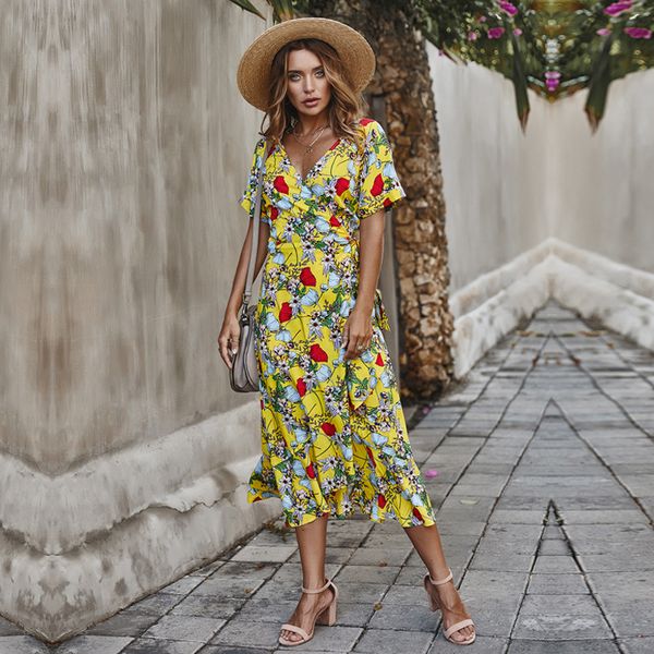 2020 new summer medium long print dress women beach style ruffles v-neck short sleeve dress, Black;gray
2020 new summer medium long print dress women beach style ruffles v-neck short sleeve dress, Black;gray