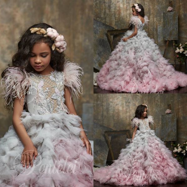 

2020 Cute Flower Girl Dresses Jewel Neck Appliqued Beaded Feather Girl Pageant Gown Cascading Ruffle Sweep Train Custom Made Birthday Gowns