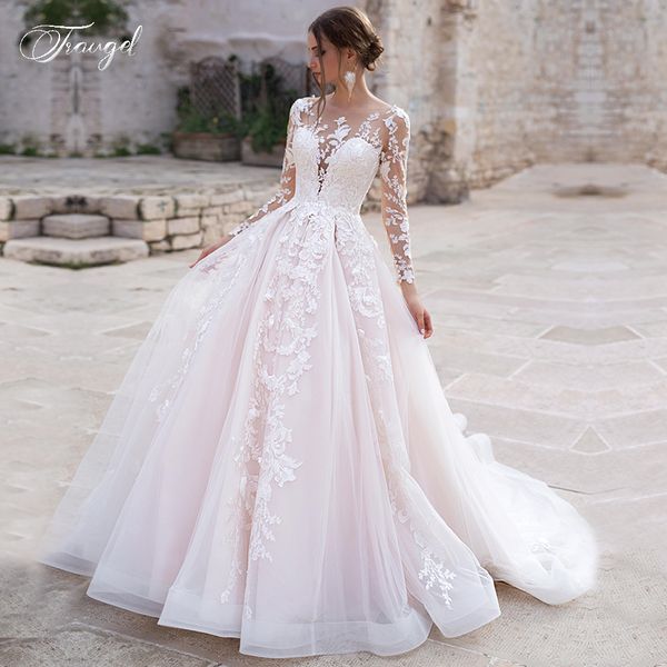 traugel scoop a line lace wedding dresses applique long sleeve button bride dresses court train wedding gown for bride plus size, Blue;red
traugel scoop a line lace wedding dresses applique long sleeve button bride dresses court train wedding gown for bride plus size, Blue;red