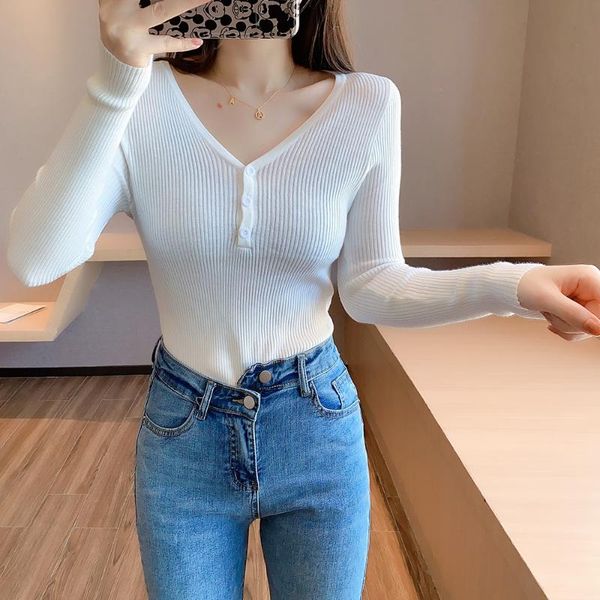 woman slim sweater vintage high elasticity sweater jumper solid color v-neck button elegant thin section, White;black
woman slim sweater vintage high elasticity sweater jumper solid color v-neck button elegant thin section, White;black