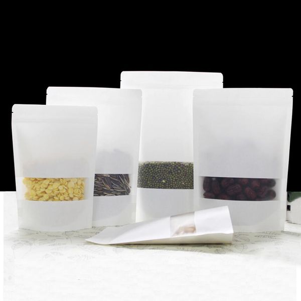 100 pcs white kraft stand up bags pouches with u-notch and matte window for storing seeds, snack and nuts
100 pcs white kraft stand up bags pouches with u-notch and matte window for storing seeds, snack and nuts