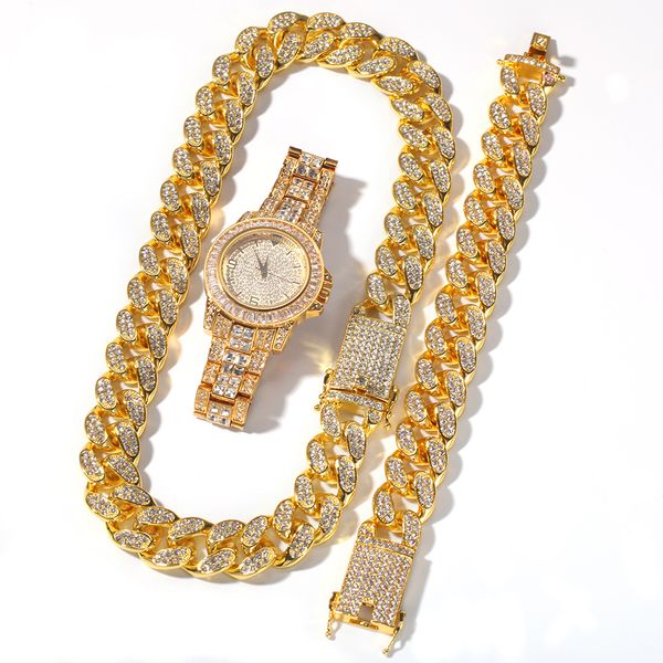 Hiphop 3pcs Set Jewelerys,diamante Watches With 20mm Width Cuban Chains And Necklaces,hiphop Star Style Fashion Watches Accessories