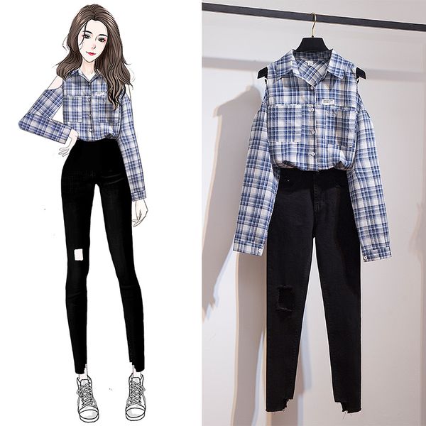 2020 autumn off shoulder long sleeve plaid blouse shirt black long jeans pant casual two piece women's sets, Gray
2020 autumn off shoulder long sleeve plaid blouse shirt black long jeans pant casual two piece women's sets, Gray