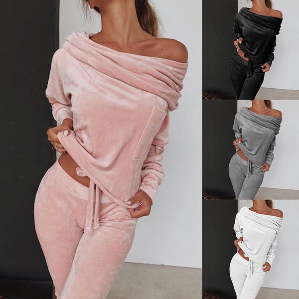 sweatshirt women 2 pieces set tracksuit autumn one shoulder sweatshirt pants sets sport wear tracksuit velvet lounge suit, White
sweatshirt women 2 pieces set tracksuit autumn one shoulder sweatshirt pants sets sport wear tracksuit velvet lounge suit, White