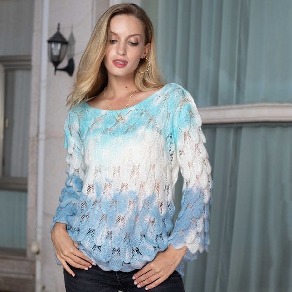 women long flared sleeves tie-dye knit sweater feather pattern hollow pullover d08e, White;black
women long flared sleeves tie-dye knit sweater feather pattern hollow pullover d08e, White;black
