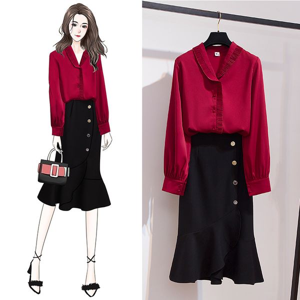 long sleeved burgundy solid blouse chiffon shirt midi bodycon black fishtail skirt two piece irregular office dress, Gray
long sleeved burgundy solid blouse chiffon shirt midi bodycon black fishtail skirt two piece irregular office dress, Gray