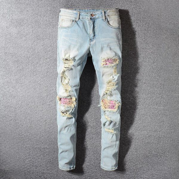 fashion streetwear men jeans retro blue wash slim fit elastic ripped jeans men patchwork denim broken pants hip hop hombre
fashion streetwear men jeans retro blue wash slim fit elastic ripped jeans men patchwork denim broken pants hip hop hombre