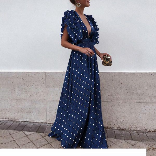 dot printed pleat cap sleeves long women party evening dresses 2020 new deep v neck a line floor length fashion women casual dress, Black;gray