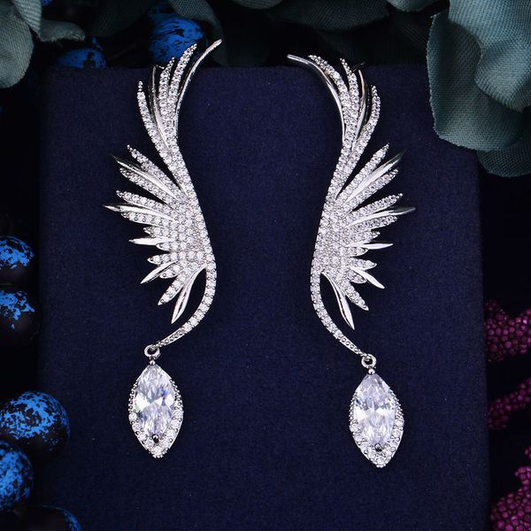 godki 70mm feather fashion popular luxury iregular geometry earring full cubic zirconia pave earring 200923, Silver