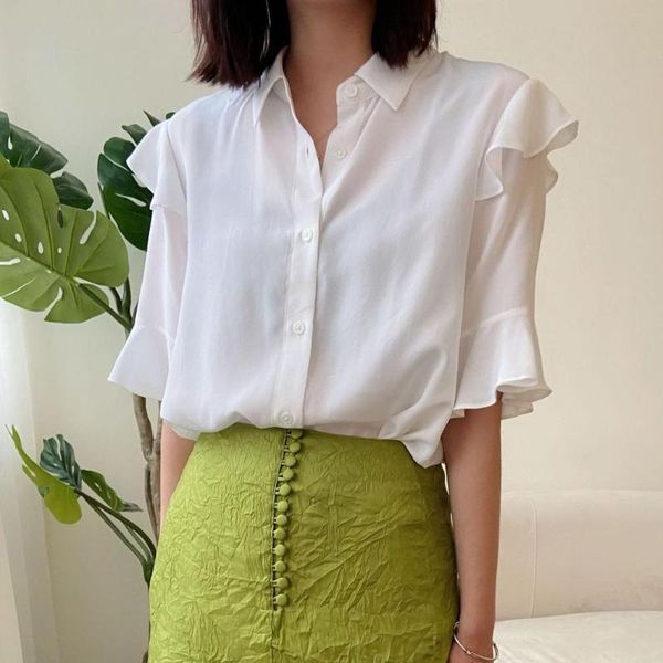temperament ruffled lady silk shirt solid color short sleeve casual wild lady shirt, White
temperament ruffled lady silk shirt solid color short sleeve casual wild lady shirt, White
