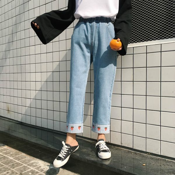 harajuku fashion high waist women denim jeans sweet cute strawberry embroidery girls jean pants elastic waist denim trousers, Blue 
harajuku fashion high waist women denim jeans sweet cute strawberry embroidery girls jean pants elastic waist denim trousers, Blue