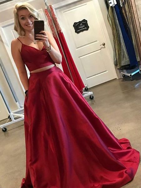 new listed two piece long prom evening gown ball gown v neck spaghetti straps dark red satin long prom dresses with pockets, Black;red
new listed two piece long prom evening gown ball gown v neck spaghetti straps dark red satin long prom dresses with pockets, Black;red