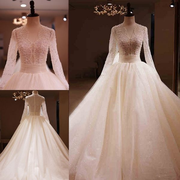 luxury wedding dresses long sleeves appliques beads sequins ball gowns bridal gowns custom made button back sweep train robe de mariée, White
luxury wedding dresses long sleeves appliques beads sequins ball gowns bridal gowns custom made button back sweep train robe de mariée, White
