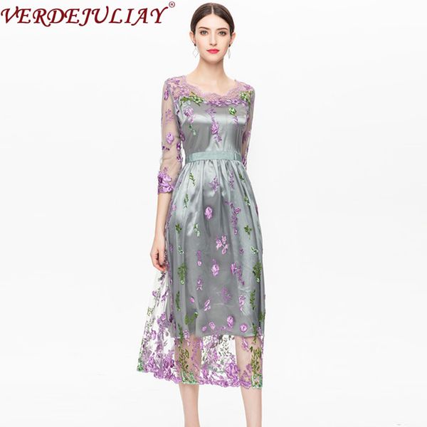 verdejuliay 2020 fashion spring autumn dress women's long sleeve flower embroidery elegant mesh party long high waist dresse, Black;gray