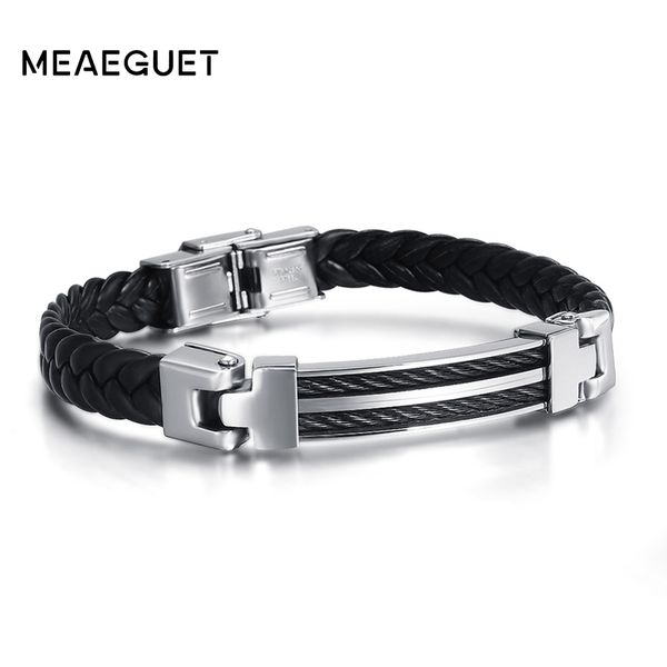 stainless steel cable chains with men's leather bracelet black cuff hand wrist male bracelets fashion jewelry, Red;blue 
stainless steel cable chains with men's leather bracelet black cuff hand wrist male bracelets fashion jewelry, Red;blue