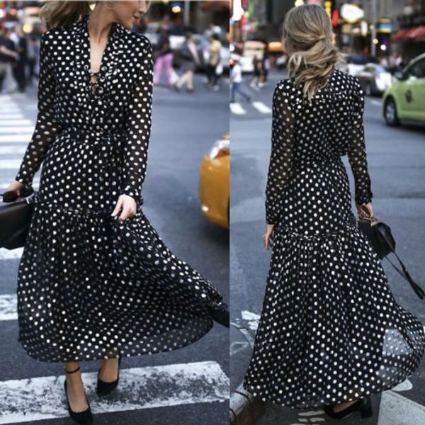 women bohemian dress female vintage polka dot v-neck wrap dress ladies fit and flare ruffles draped ankle-length dresses, Black;gray
women bohemian dress female vintage polka dot v-neck wrap dress ladies fit and flare ruffles draped ankle-length dresses, Black;gray