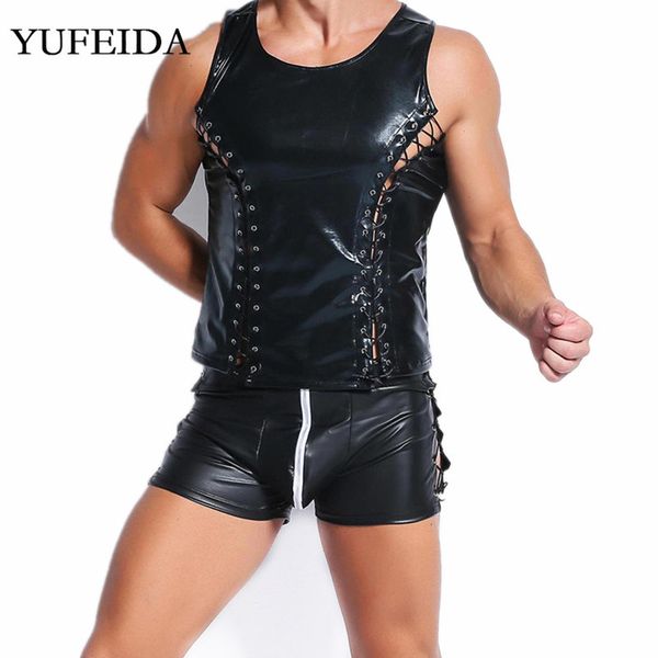 undershirts mens clothes set pu leather tank shorts bandage fitness slim men underwear stage dance clubwear, Black;brown
undershirts mens clothes set pu leather tank shorts bandage fitness slim men underwear stage dance clubwear, Black;brown
