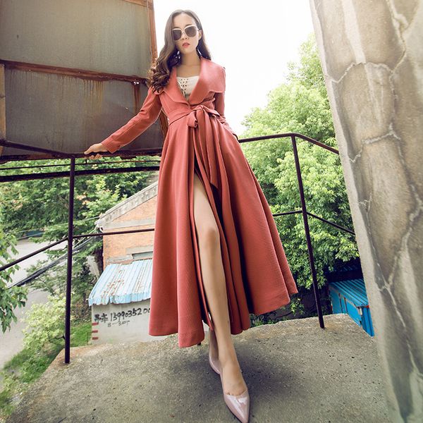 ultra long female trenchcoats spring autumn solid color turn down collar women windbreaker covered button trench coat with belt, Tan;black