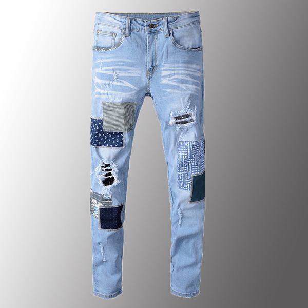 new men jeans luxury men's patchwork ripped jeans light blue holes stretch denim pants patch design trousers high quality
new men jeans luxury men's patchwork ripped jeans light blue holes stretch denim pants patch design trousers high quality