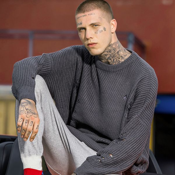 men's sweaters mens knitted grey sweater male hip hop costumes loose couple hole oversize pullover men streetwear boys casual knitwear, White;black
men's sweaters mens knitted grey sweater male hip hop costumes loose couple hole oversize pullover men streetwear boys casual knitwear, White;black