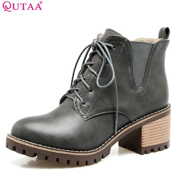qutaa 2020 women ankle boots lace up fashion round toe pu leather square mid heel solid black fur women boots size 33-43
qutaa 2020 women ankle boots lace up fashion round toe pu leather square mid heel solid black fur women boots size 33-43