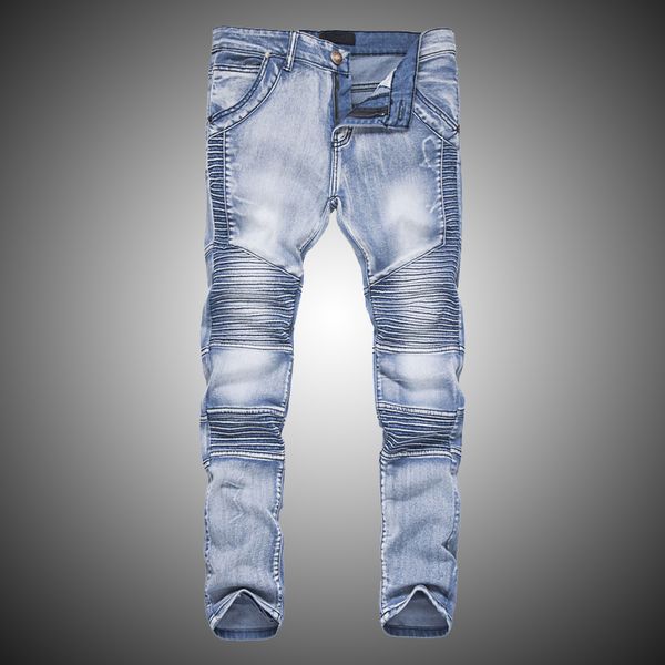 solid color motorcycle pleated pencil pants men casual zipper denim pants streerwear trousers for male black blue d2797
solid color motorcycle pleated pencil pants men casual zipper denim pants streerwear trousers for male black blue d2797